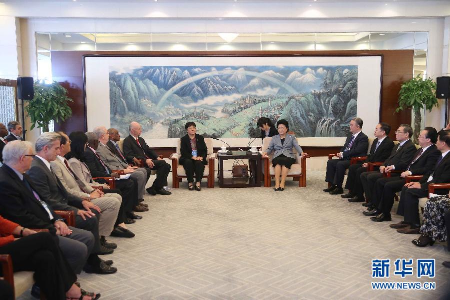 9月28日，國際醫學科學院組織2016年全體成員大會在北京舉行。國務院副總理劉延東出席會議并作主旨報告。會前，劉延東集體會見出席大會的主要嘉賓。新華社記者劉衛兵攝 