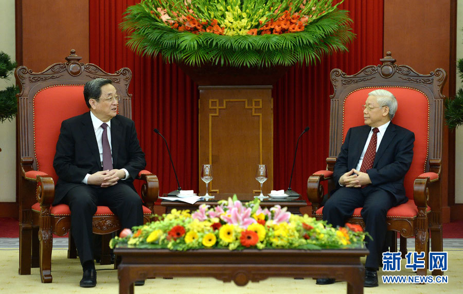 12月25日至27日，中共中央政治局常委、全國政協主席俞正聲對越南進行正式訪問。這是12月26日，俞正聲在河內會見越共中央總書記阮富仲。 新華社記者馬占成攝